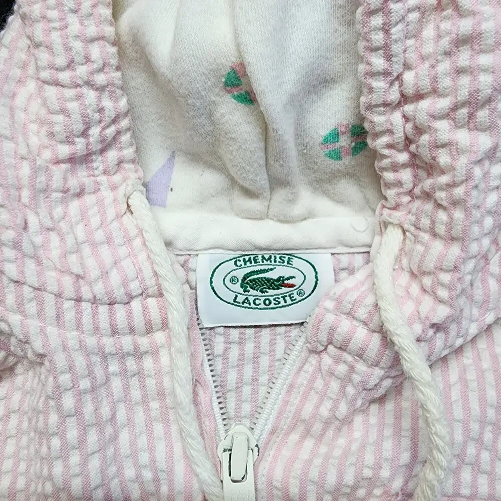 Lacoste Seersucker Jacket Size 12-24 Mths Pink Zip Up Hooded Cotton Vintage 80s